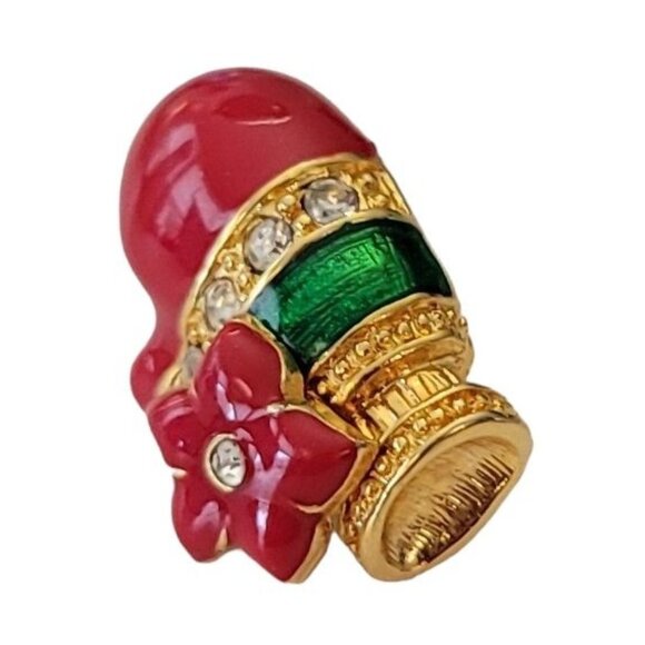 Red Green Enamel Clear Rhinestone With Flower Mitten Lapel Scatter Pin, E795 - Picture 3 of 9